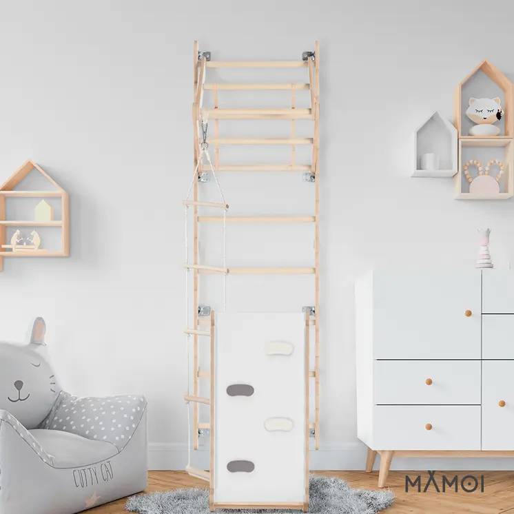 MAMOI® Swedish ladder, Wooden gorilla gym for kids, Indoor baby climbing frame for toddlers, Monkey bars and play gym, Childrens climbing wall, Gymnastics bar and equipment for home