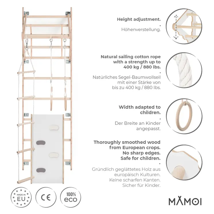 MAMOI® Klettergerüst Indoor, Sprossenwand für kinderzimmer, Turnringe kinder für klettern, Kletterwand und spielgeräte Yarnwood, Turngeräte mit Klimmzugstange für drinnen, Sportgeräte ab 3 jahre