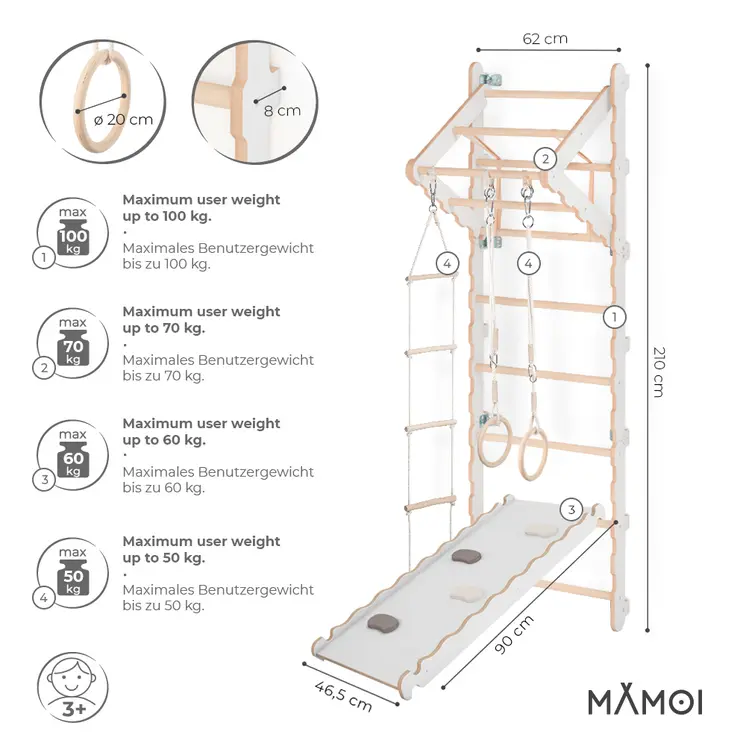 MAMOI® Klettergerüst Indoor, Sprossenwand für kinderzimmer, Turnringe kinder für klettern, Kletterwand und spielgeräte Yarnwood, Turngeräte mit Klimmzugstange für drinnen, Sportgeräte ab 3 jahre