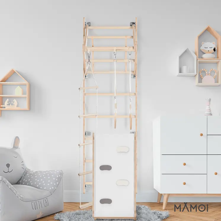 MAMOI® Klettergerüst Indoor, Sprossenwand für kinderzimmer, Turnringe kinder für klettern, Kletterwand und spielgeräte Yarnwood, Turngeräte mit Klimmzugstange für drinnen, Sportgeräte ab 3 jahre