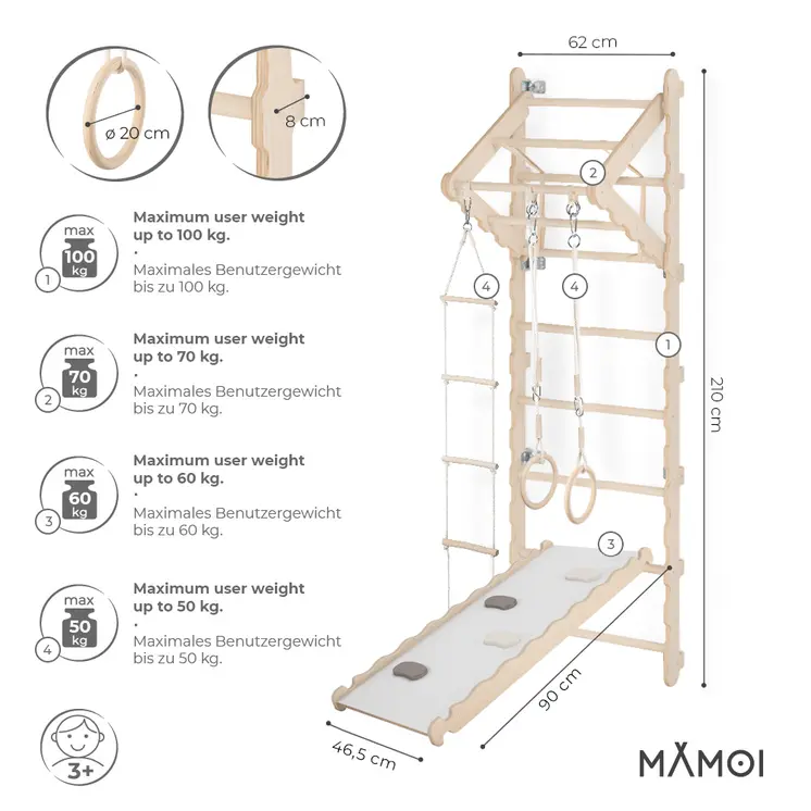 MAMOI® Swedish ladder, Wooden gorilla gym for kids, Indoor baby climbing frame for toddlers, Monkey bars and play gym, Childrens climbing wall, Gymnastics bar and equipment for home