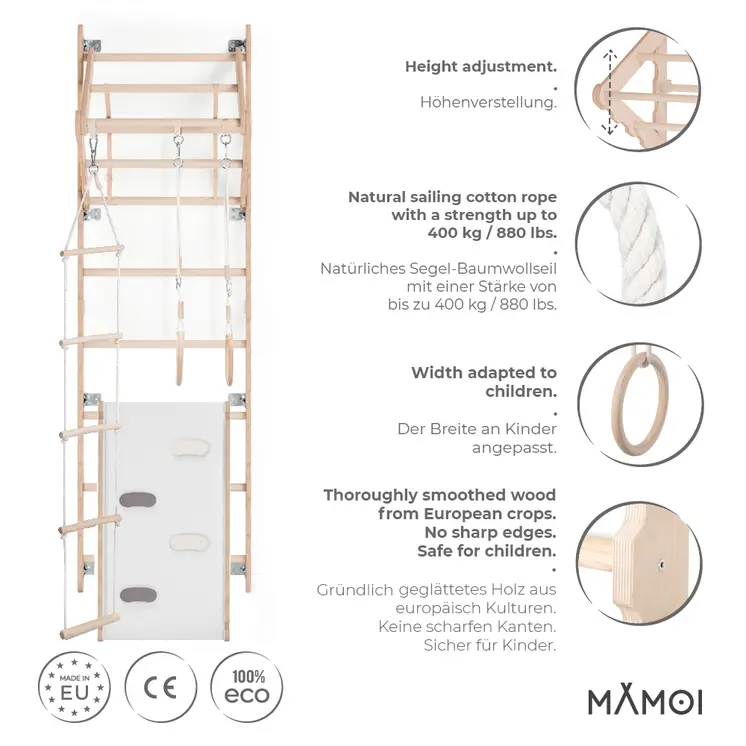 MAMOI® Swedish ladder, Wooden gorilla gym for kids, Indoor baby climbing frame for toddlers, Monkey bars and play gym, Childrens climbing wall, Gymnastics bar and equipment for home