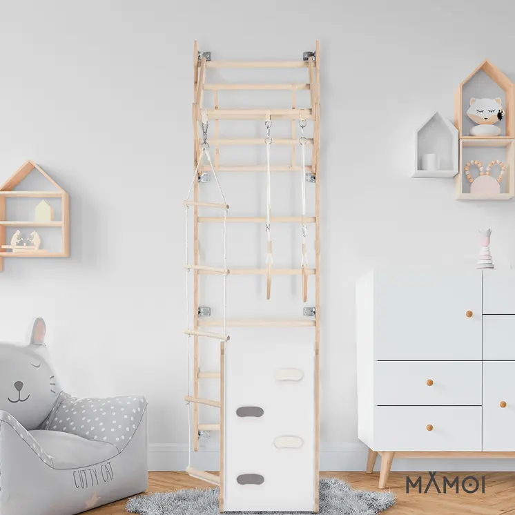 MAMOI® Swedish ladder, Wooden gorilla gym for kids, Indoor baby climbing frame for toddlers, Monkey bars and play gym, Childrens climbing wall, Gymnastics bar and equipment for home