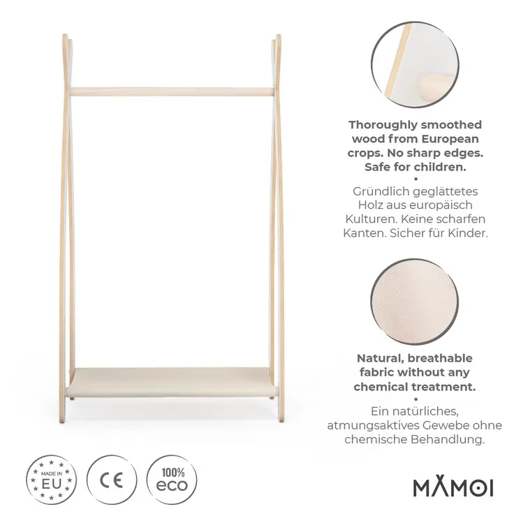 MAMOI® Children clothes rail Beige 53x95x32cm | Dressing up rail for kids made of Yarnwood | Baby wardrobe clothes storage modern design | Baby accessories | 100% ECO | MADE in EU