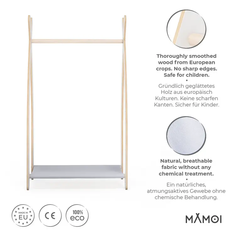 MAMOI® Kleiderstange Baby Kinderzimmer | Kinderkleiderstange 53x95x32cm | Kinder Kleiderständer Baby | Garderobenständer | Baby Garderobe | Kindergarderobe | 100% ECO | Made in EU