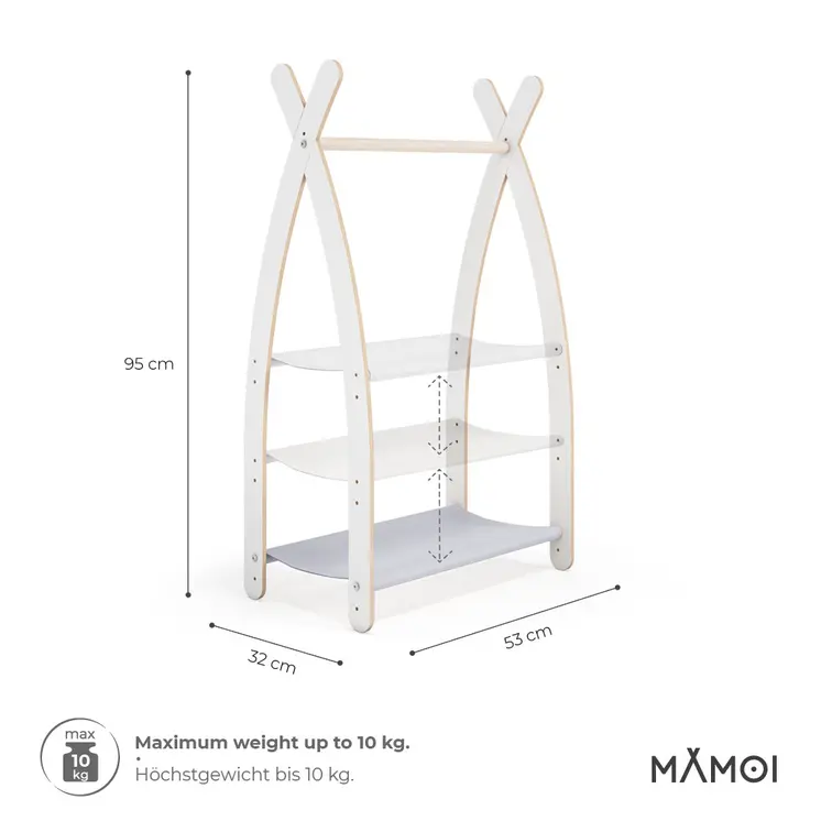 MAMOI® Kleiderstange Baby Kinderzimmer | Kinderkleiderstange 53x95x32cm | Kinder Kleiderständer Baby | Garderobenständer | Baby Garderobe | Kindergarderobe | 100% ECO | Made in EU