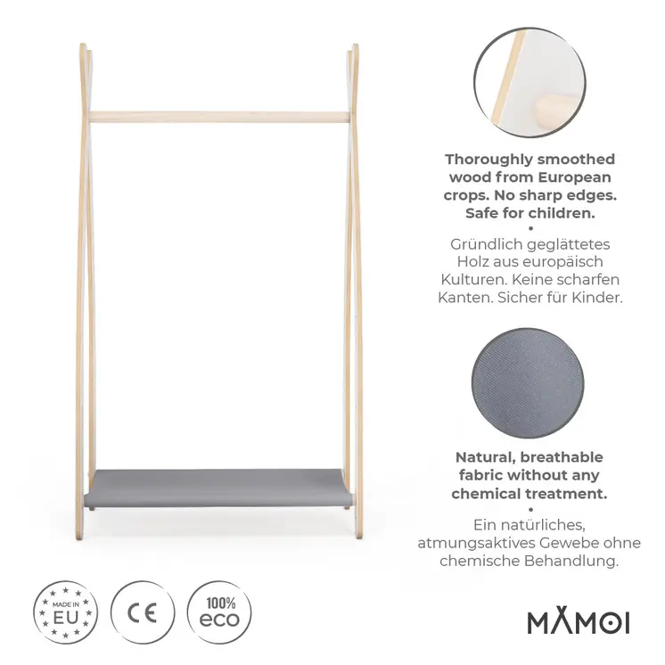 MAMOI® Children clothes rail Grey 53x95x32cm | Dressing up rail for kids made of Yarnwood | Baby wardrobe clothes storage modern design | Baby accessories | 100% ECO | MADE in EU