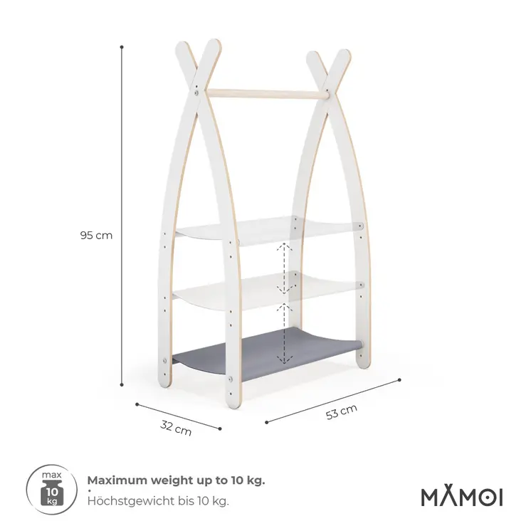 MAMOI® Children clothes rail Grey 53x95x32cm | Dressing up rail for kids made of Yarnwood | Baby wardrobe clothes storage modern design | Baby accessories | 100% ECO | MADE in EU
