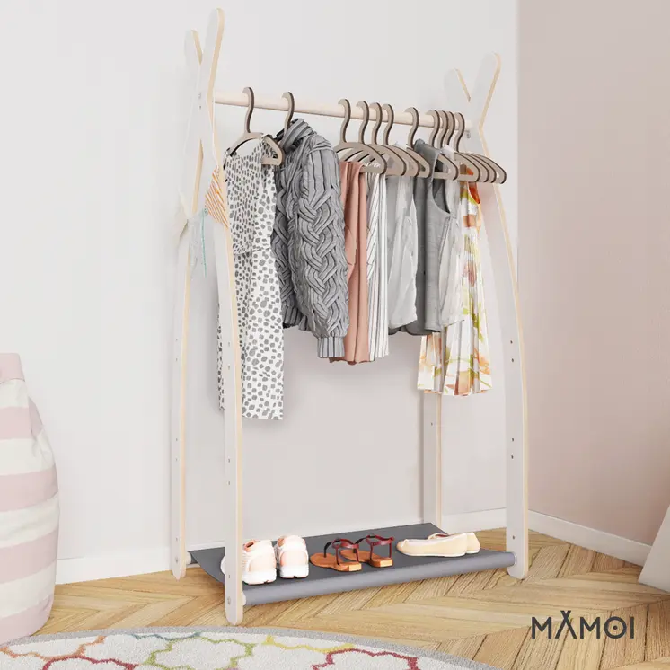 MAMOI® Children clothes rail Grey 53x95x32cm | Dressing up rail for kids made of Yarnwood | Baby wardrobe clothes storage modern design | Baby accessories | 100% ECO | MADE in EU