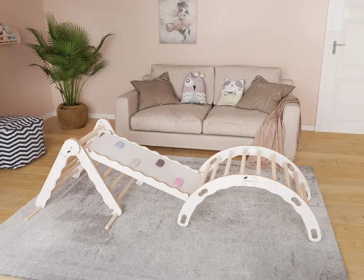 MAMOI® Set : Triangle, arche escalade et toboggan pour enfant, Structure motricité interieur pour bébé, Mur descalade et tobogan intérieur en bois pour bebe, Motricite montessori 3 ans