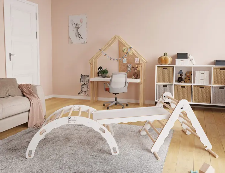 MAMOI® Set : Triangle, arche escalade et toboggan pour enfant, Structure motricité interieur pour bébé, Mur descalade et tobogan intérieur en bois pour bebe, Motricite montessori 3 ans