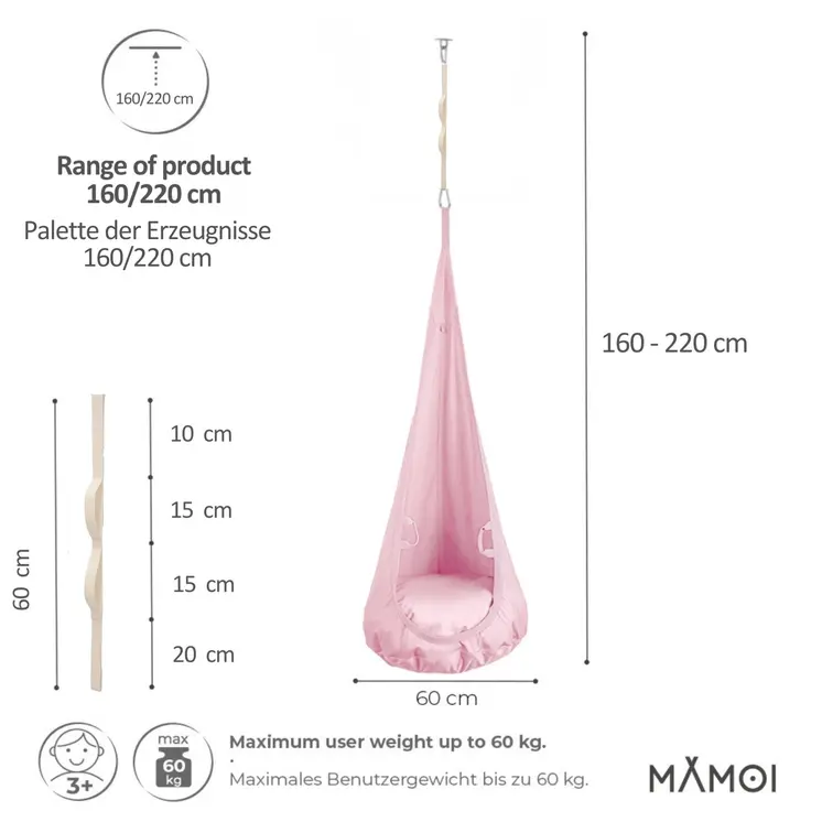 MAMOI® Swing hanging chair Pink, Indoor hammock, Sensory swing seat for bedroom for kids, Child door swinging nest for autism, Garden egg swings for children