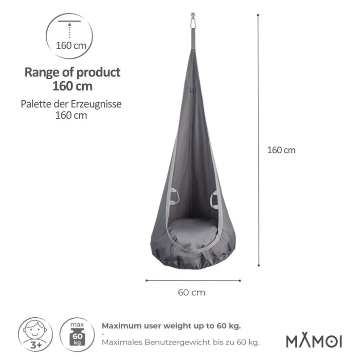 MAMOI® Swing hanging chair Grey, Indoor hammock, Sensory swing seat for bedroom for kids, Child door swinging nest for autism, Garden egg swings for children