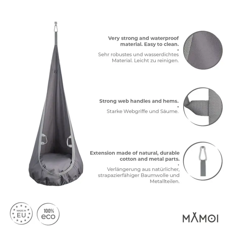 MAMOI® Swing hanging chair Grey, Indoor hammock, Sensory swing seat for bedroom for kids, Child door swinging nest for autism, Garden egg swings for children