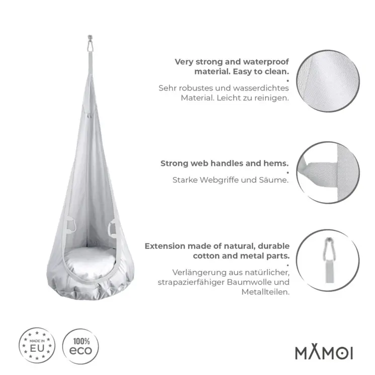 MAMOI® Swing hanging chair Light grey, Indoor hammock, Sensory swing seat for bedroom for kids, Child door swinging nest for autism, Garden egg swings for children
