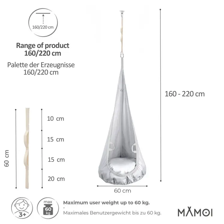 MAMOI® Swing hanging chair Light grey, Indoor hammock, Sensory swing seat for bedroom for kids, Child door swinging nest for autism, Garden egg swings for children