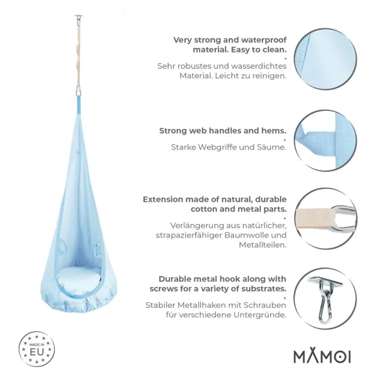 MAMOI® Swing hanging chair Blue, Indoor hammock, Sensory swing seat for bedroom for kids, Child door swinging nest for autism, Garden egg swings for children