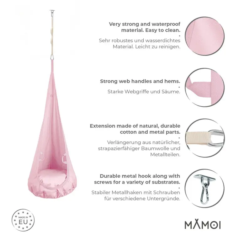 MAMOI® Swing hanging chair Pink, Indoor hammock, Sensory swing seat for bedroom for kids, Child door swinging nest for autism, Garden egg swings for children