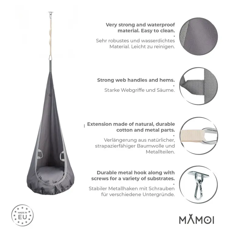 MAMOI® Swing hanging chair Grey, Indoor hammock, Sensory swing seat for bedroom for kids, Child door swinging nest for autism, Garden egg swings for children