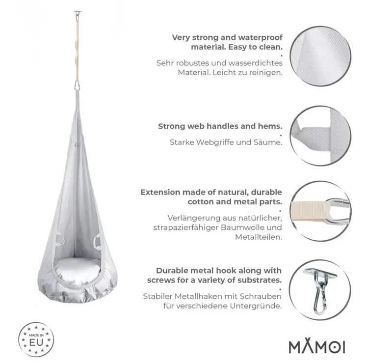MAMOI® Swing hanging chair Light grey, Indoor hammock, Sensory swing seat for bedroom for kids, Child door swinging nest for autism, Garden egg swings for children