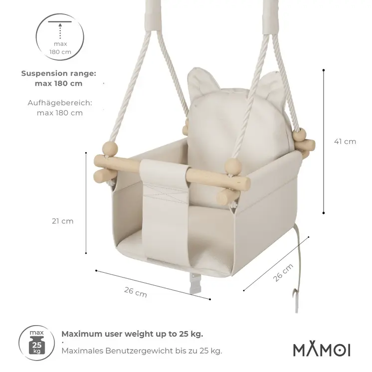 MAMOI® Wooden baby swing seat for toddlers Beige, Indoor toddler swings chair from birth, Kids baby bouncer for garden, Child rocker swing set from 8 months