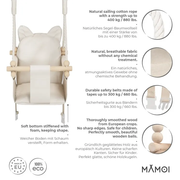 MAMOI® Wooden baby swing seat for toddlers Beige, Indoor toddler swings chair from birth, Kids baby bouncer for garden, Child rocker swing set from 8 months