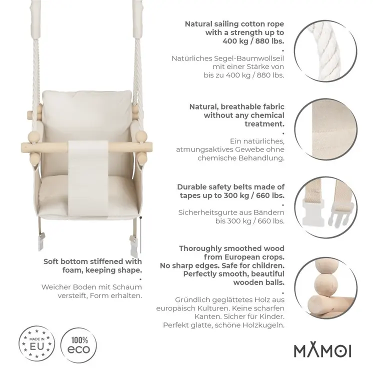 MAMOI® Babyschaukel, Baby schaukel Indoor Outdoor, Kinderschaukel aus Holz, Holzschaukel für Kinder, Schaukeln für türrahmen, Swing, Kleinkinderschaukel ab 1 jahr für Kinderzimmer