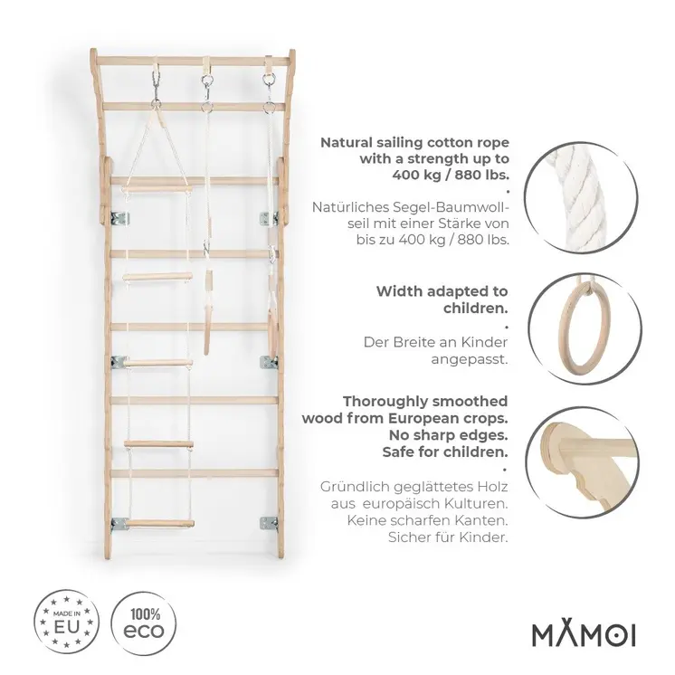MAMOI® Swedish ladder, Wooden gorilla gym for kids, Indoor baby climbing frame for toddlers, Monkey bars and play gym, Childrens climbing wall, Gymnastics bar and equipment for home