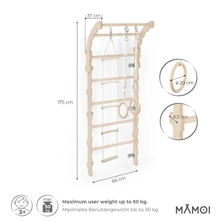 MAMOI® Swedish ladder, Wooden gorilla gym for kids, Indoor baby climbing frame for toddlers, Monkey bars and play gym, Childrens climbing wall, Gymnastics bar and equipment for home