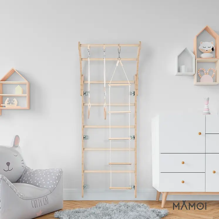 MAMOI® Swedish ladder, Wooden gorilla gym for kids, Indoor baby climbing frame for toddlers, Monkey bars and play gym, Childrens climbing wall, Gymnastics bar and equipment for home