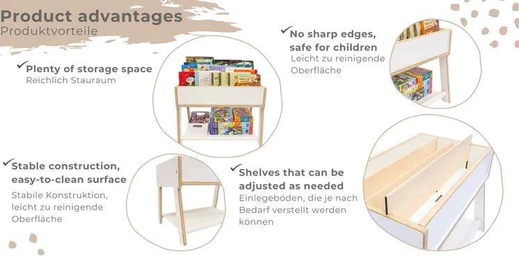 MAMOI® bibliothèque pour enfants en bois, étagère pour enfants, étagère pour livres d'enfants, support de livres, étagère et étagère murale pour chambre d'enfants. Book Shelf.