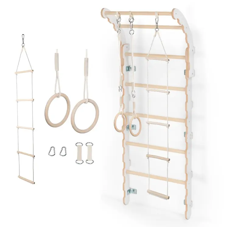 MAMOI® Espalier en bois, Mur escalade suedois pour enfant, Échelle suedoise pour bebe, Jeux descalade et gym avec accessoires, Barre et anneaux gymnastique
