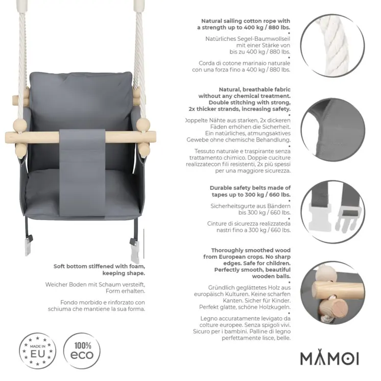 MAMOI® Balancoire interieur pour bebe et enfants, Siege balançoire en bois et en coton pour bébé, Balansoire pour enfant, Balancelle scandinave, Baby swing