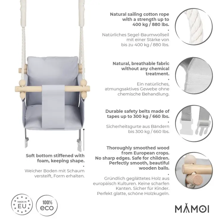 MAMOI® Balancoire interieur pour bebe et enfants, Siege balançoire en bois et en coton pour bébé, Balansoire pour enfant, Balancelle scandinave, Baby swing