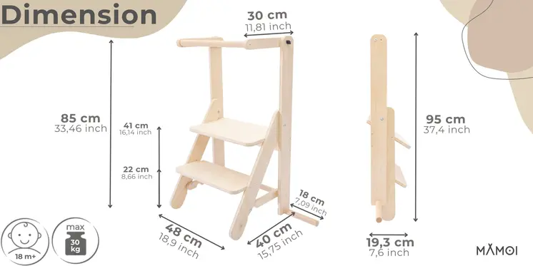 MAMOI® Learning toddler tower, Foldable kitchen helper stand for toddlers, Folding step stool for kids, Table and chair furniture, montessori steps for children 1+ / 2 year old