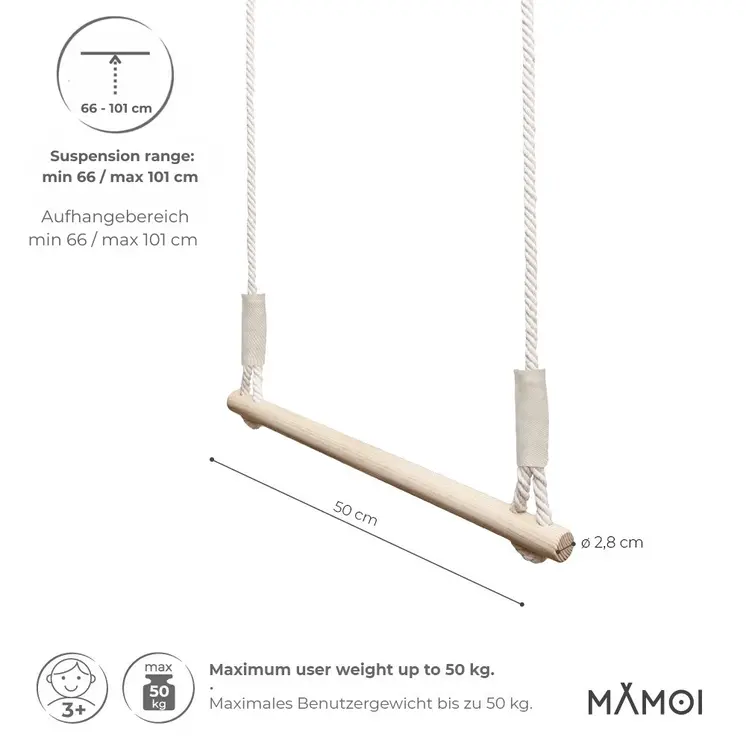 MAMOI® Anneaux gymnastique, Anneau balancoire en bois, Trapèze cirque, Balançoire trapeze pour bebe, Barre de gymnastique et accessoire de gym pour bébé