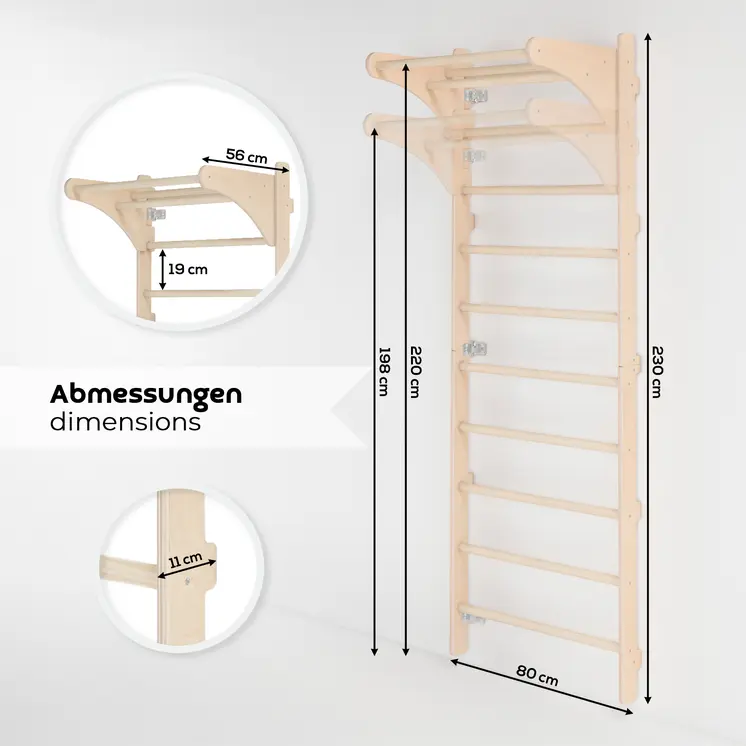 MAMOI® Wall-Mounted Gymnastics Bar with Pull-Up Bar (230 cm) | Wooden Training Ladder | Multi-Purpose Fitness Equipment | Wall-Mounted Gym Ladder for Adults & Kids | 100% ECO | Made in EU