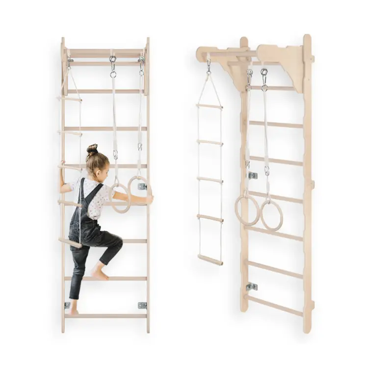 MAMOI® Children’s Gymnastic Ladder (210 cm) | Wall-Mounted Training Ladder | Rope Ladder for Kids | Wooden Indoor Playground | Gymnastic Rings | 100% ECO | Made in EU