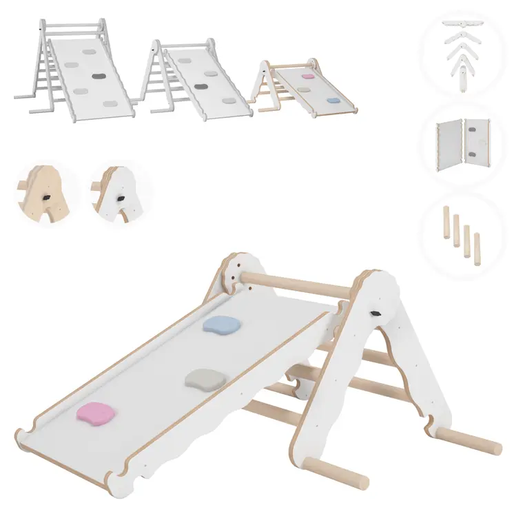 MAMOI® Klettergerüst indoor, Kletterdreieck mit rutsche holz, Baby kinder klettern, Kletterturm rutschbrett, Kletterbogen kinderrutsche, Regenbogenwippe, Montessori spielzeug ab 1 jahr 2/3 jahre