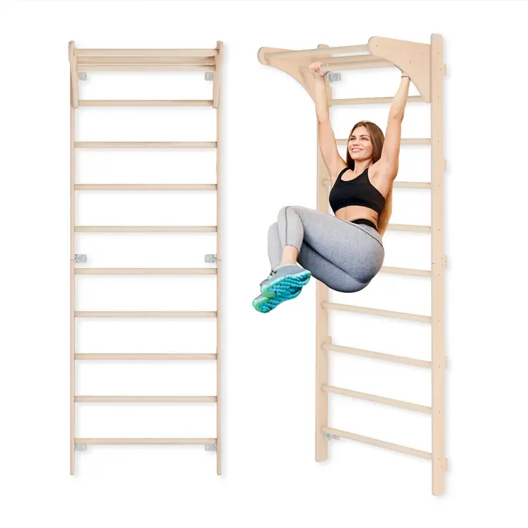 MAMOI® Wall-Mounted Gymnastics Bar with Pull-Up Bar (230 cm) | Wooden Training Ladder | Multi-Purpose Fitness Equipment | Wall-Mounted Gym Ladder for Adults & Kids | 100% ECO | Made in EU