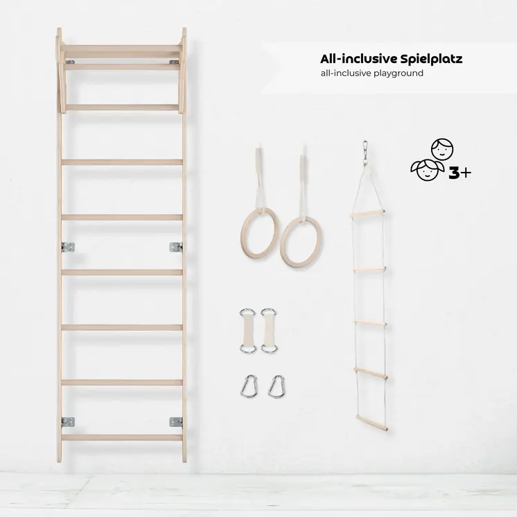 MAMOI® Children’s Gymnastic Ladder (210 cm) | Wall-Mounted Training Ladder | Rope Ladder for Kids | Wooden Indoor Playground | Gymnastic Rings | 100% ECO | Made in EU