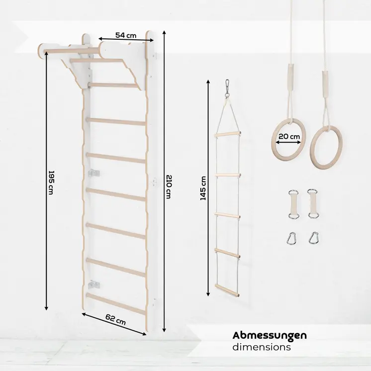 MAMOI® Échelle de gymnastique pour enfants (210 cm) | Échelle d'entraînement murale | Échelle de corde pour enfants | Aire de jeux en bois pour la maison | Roues de gymnastique | 100% ECO | Fabriqué en UE