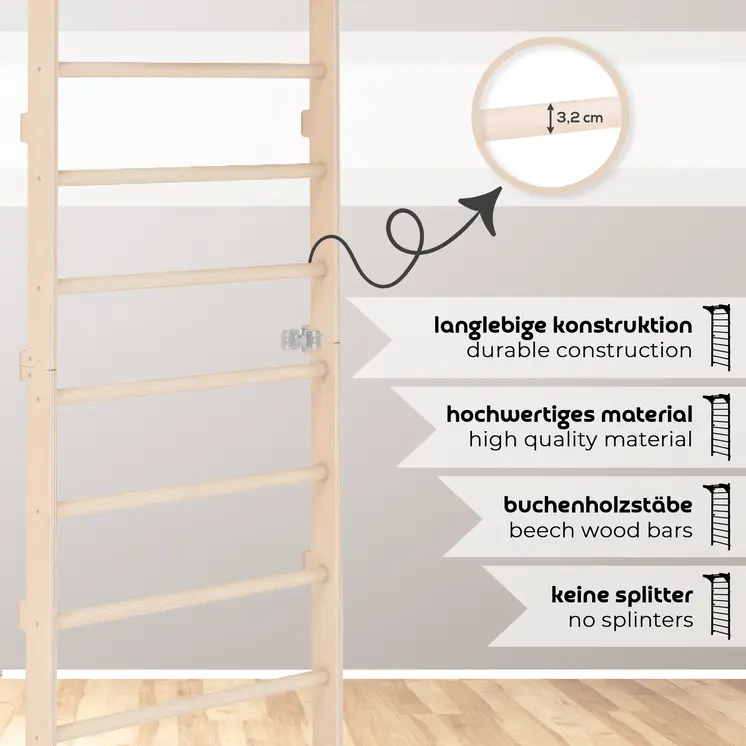 MAMOI® Wall-Mounted Gymnastics Bar with Pull-Up Bar (230 cm) | Wooden Training Ladder | Multi-Purpose Fitness Equipment | Wall-Mounted Gym Ladder for Adults & Kids | 100% ECO | Made in EU