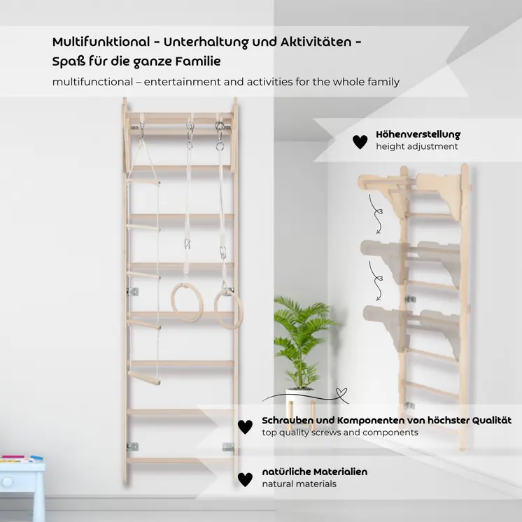 MAMOI® Children’s Gymnastic Ladder (210 cm) | Wall-Mounted Training Ladder | Rope Ladder for Kids | Wooden Indoor Playground | Gymnastic Rings | 100% ECO | Made in EU
