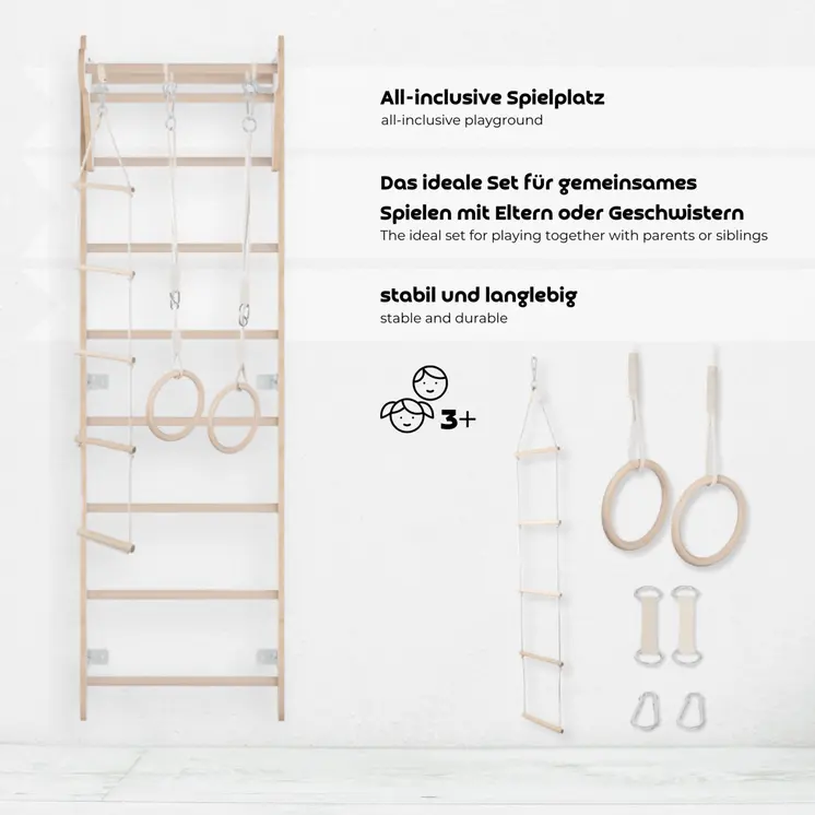 MAMOI® Échelle de gymnastique pour enfants (210 cm) | Échelle d'entraînement murale | Échelle de corde pour enfants | Aire de jeux en bois pour la maison | Roues de gymnastique | 100% ECO | Fabriqué en UE