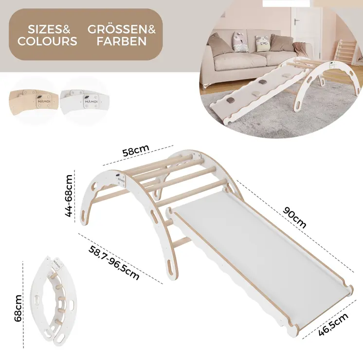 MAMOI® Triangle avec toboggan interieur, Mur escalade pour enfant, Aire de jeux pour bebe, Espalier en bois, Rocker arche à partir de 1/2/3 an, Bascule montessori