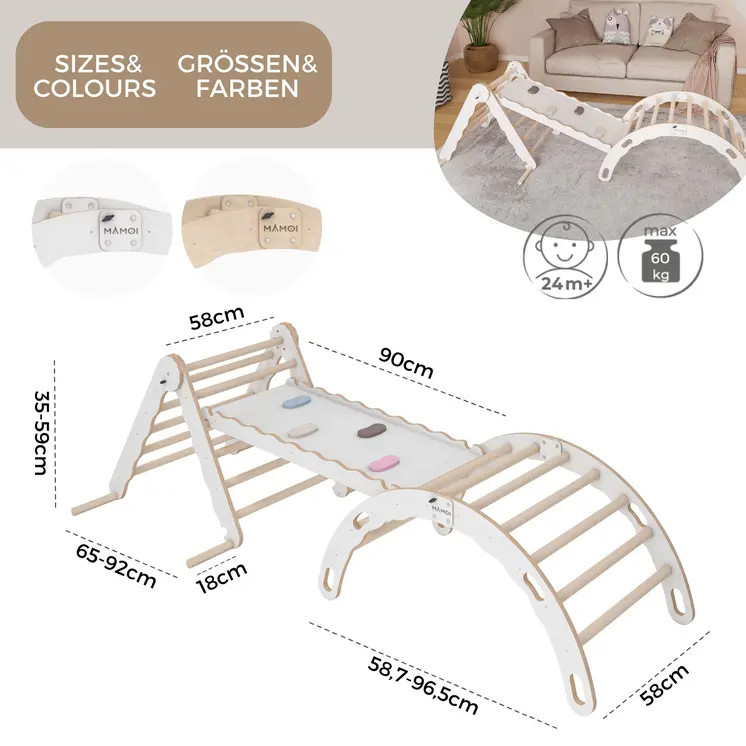 MAMOI® Set : Triangle, arche escalade et toboggan pour enfant, Structure motricité interieur pour bébé, Mur descalade et tobogan intérieur en bois pour bebe, Motricite montessori 3 ans