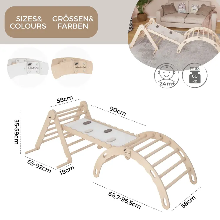 MAMOI® SET: Climbing frame, triangle and slide, Indoor wooden baby gym for toddlers, Toddler rockers, Climbers & play structures montessori from age 1-3 year old