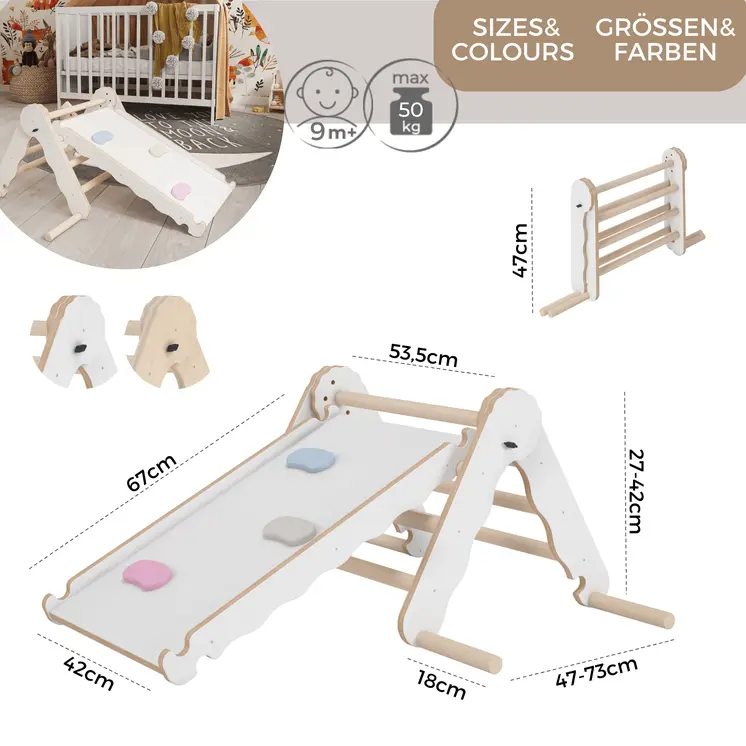 MAMOI® Klettergerüst indoor, Kletterdreieck mit rutsche holz, Baby kinder klettern, Kletterturm rutschbrett, Kletterbogen kinderrutsche, Regenbogenwippe, Montessori spielzeug ab 1 jahr 2/3 jahre