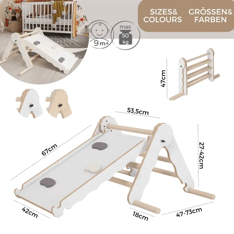 MAMOI® Triangle descalade avec toboggan interieur pour enfant, Mur escalade intérieur en bois pour bebe à partir de 1/2/3 an, Motricité libre montessori